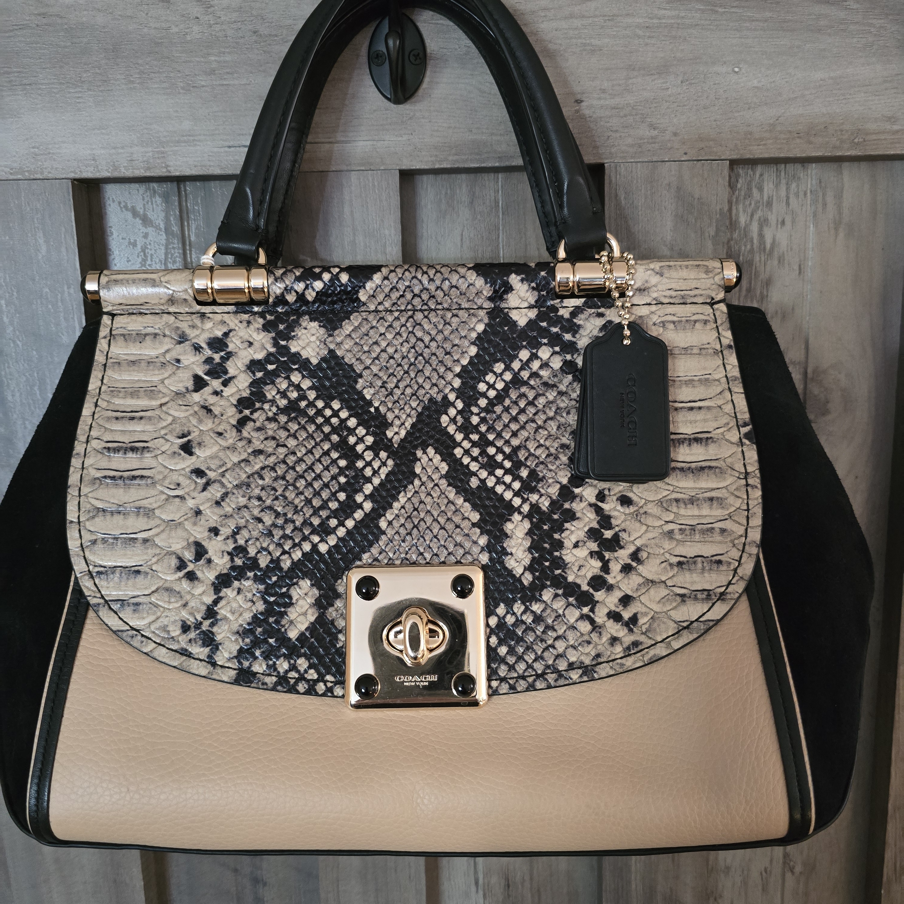 Coach Black And Beige Snake Print Satchel